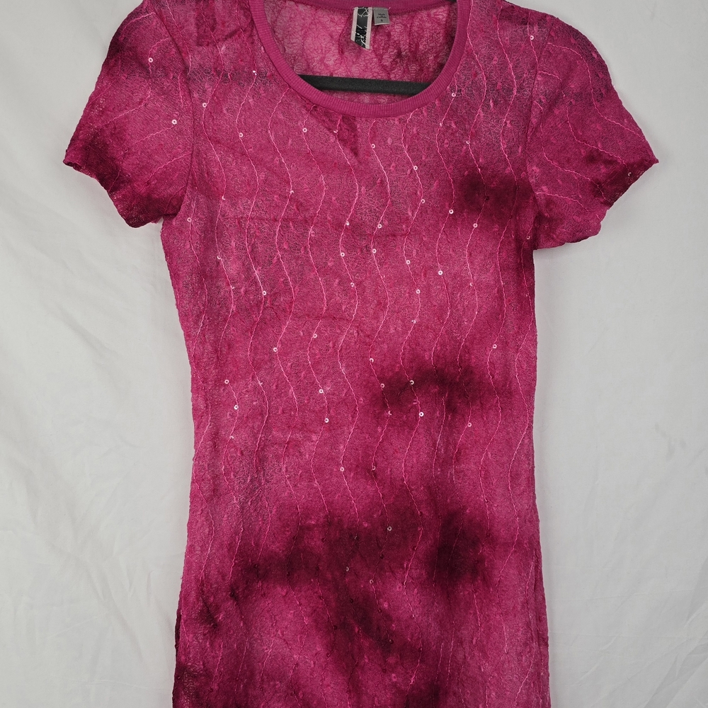 BKE Buckle Sequined Barbiecore Pink Sheer Whimsigoth Grunge Hippie Top sz S